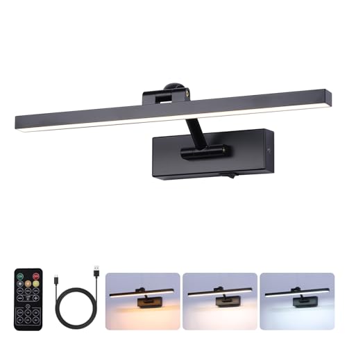 LED Wireless Picture Light with Remote Control,USB Rechargeable Battery Powered Art Lamps,Dimmable,270° Rotate,Timing,15.5 Inch Black Wall Lights for Paintings,Picture Frame,Gallery - color: Battery Operated Black, size: 15.7 Inch