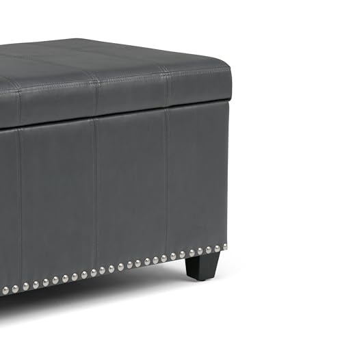 SIMPLIHOME Amelia Storage Ottoman - 33 inch Wide Vegan Leather Rectangle Storage Ottoman Bench in Stone Grey, Transitional Ottoman for Living Room with Nailhead Trim and Lift-Up Lid - color: Stone Grey