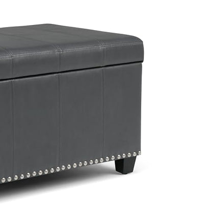 SIMPLIHOME Amelia Storage Ottoman - 33 inch Wide Vegan Leather Rectangle Storage Ottoman Bench in Stone Grey, Transitional Ottoman for Living Room with Nailhead Trim and Lift-Up Lid - color: Stone Grey