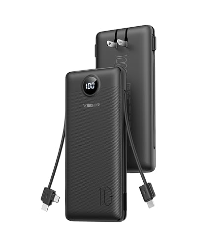 VEGER All in One Travel Portable Charger with Built-in AC Plug & Cables, 10000mAh Slim Power Bank Battery Pack, 15W Fast Charging Compatible with iPhone, Samsung, Android-Black - color: Grey