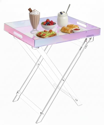 Acrylic Folding Tray Table, Rainbow Color Acrylic Coffee Table, Iridescent Side Table Modern Accent Square End Table for Coffee, Drink, Food, Snack for Living Room & Bedroom