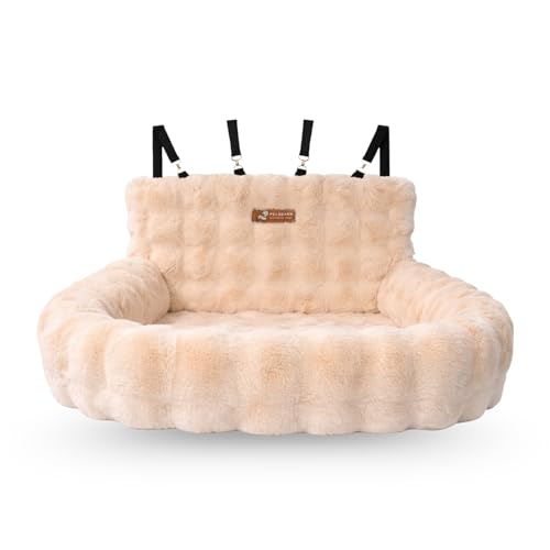 Pelsbarn Luxurious Cozy Car Bed - M/L Luxury Travel Dog Bed with Safety Belt - Ultra Soft Faux Fur - Beige - color: Beige, size: Medium-Large