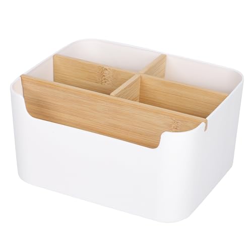 Segarty Desk Storage Box, Divided Bamboo Desktop Organizer, Pencil Holder, Detachable Pen Holder, Remote Control Holder, Cell Phone Box, Modern Wooden Desk Side Organizer for Office Home Accessories - color: White