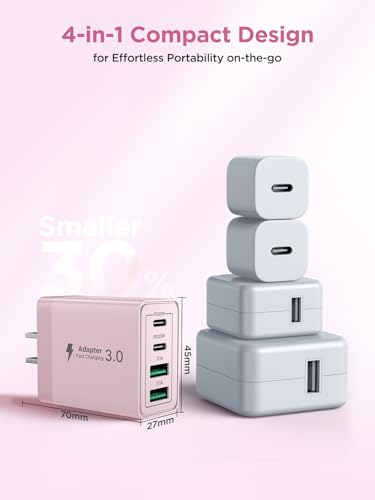 [2-Pack] USB C Charger Block, 4 in 1 USB C Wall Charger PD 3.0 40W Charging Blocks, QC 2A USB Wall Charger for iPhone 17 16 15 14 13 12 Pro Max, iPad, iPod - color: Purple+Pink