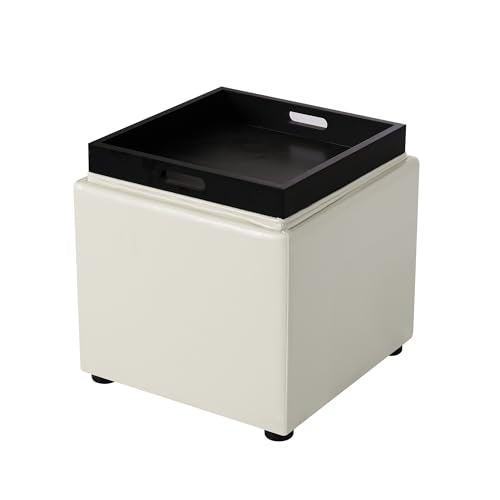 Adeco 17" White Storage Ottoman Cube with Tray Lid, Small Footstool with Storage, Square End Table for Living Room & Bedroom - color: White Leather With Tray