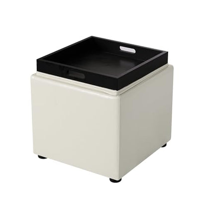 Adeco 17" White Storage Ottoman Cube with Tray Lid, Small Footstool with Storage, Square End Table for Living Room & Bedroom - color: White Leather With Tray