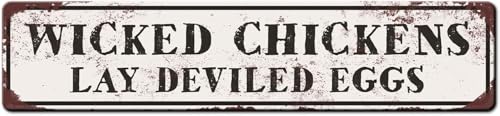 Vintage Tin Sign Evil Chicken Laying Deviled Eggs - Funny Chicken Coop Sign - Backyard Chicken Gifts - Cute Chicken Coop Decor - For Chicken Coop Signs with Saying 4x16 - color: tin sign012, size: 4x16 inch
