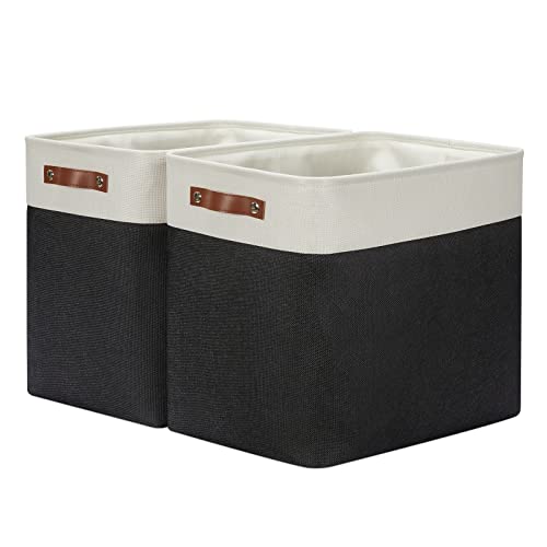 DULLEMELO Extra Large Storage Baskets, Fabric Storage Bins for Organizing Shelves Nursery Toys Books, Closet Baskets and Bins with Handles, White&Black 2-Pack - color: White&Black-Leather Handles, size: Extra Large-17"x12"x15"