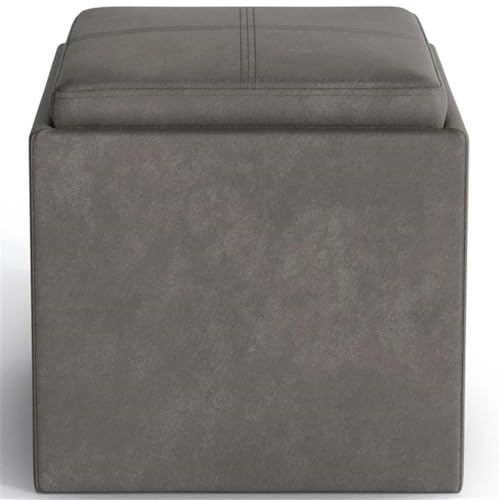 SIMPLIHOME Rockwood Cube Storage Ottoman with Tray - 17" Wide x 17" High Upholstered Vegan Leather Square Storage Ottoman in Distressed Slate Grey, Contemporary Cube Ottoman with Serving Tray - color: Distressed Slate Grey