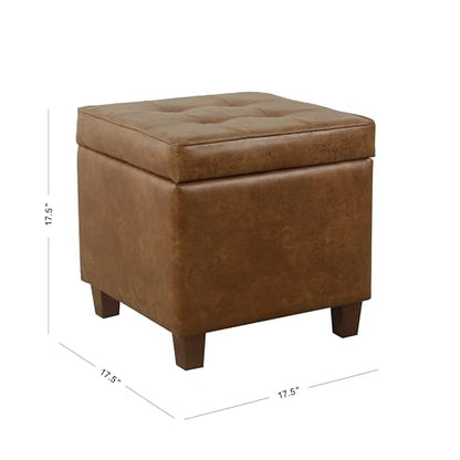 HomePop Square Tufted Storage Ottoman - Distressed Brown Faux Leather Small - color: Light Brown
