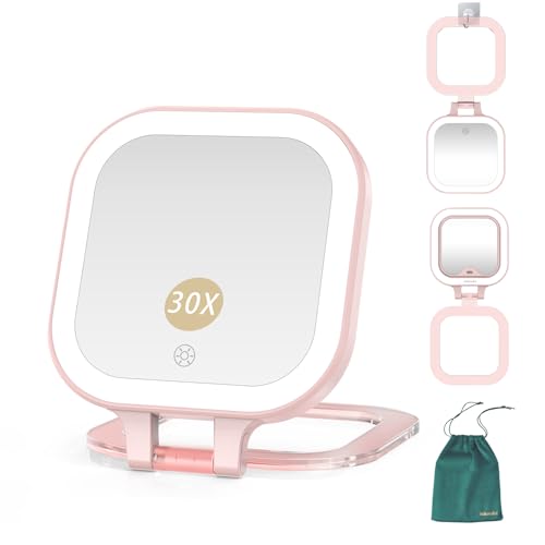 Mocado Compact Travel Makeup Mirror, 1X/30X Magnifying Mirror with Light, Double Sides Compact Mirror with 3 Color Light, Dimmable Handheld Mirror, Rechargeable Travel for Purse,Pocket(Pink) - color: C-30x Magnifying-pink