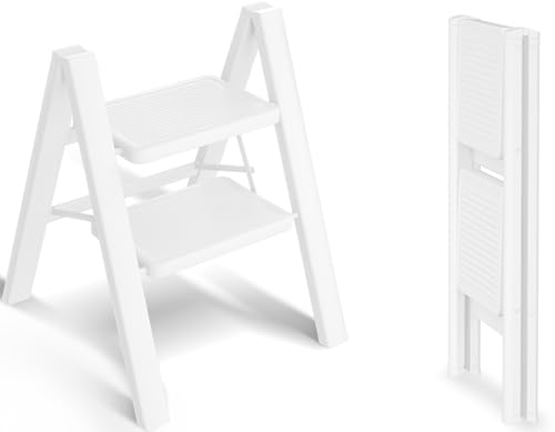 SOLADDER Step Stool, 2 Step Ladder with Anti-Slip and Wide Pedal, Portable Iron Foldable Stepladder for Home and Kitchen, 300lbs - White - color: White, size: 2 Step