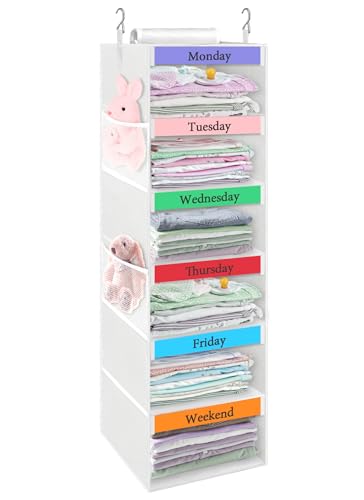 punemi Weekly Clothes Organizer for Kids, 6-Shelf Hanging Closet Storage with Side Pockets, Days of The Week Design, 11.8" x 11.8" x 37.8", Perfect for Organizing a Week's Worth of Kids' Clothing
