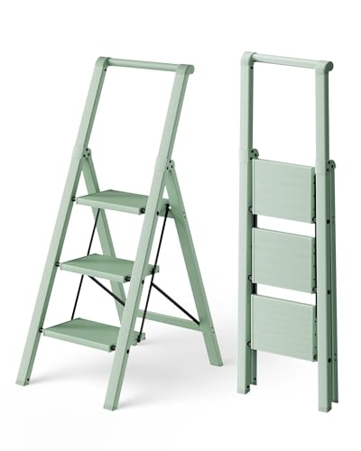 HillhutApex 3 Step Foldable Aluminum Step Ladder with Handgrip, Anti-Slip Pedal, 330 lbs Capacity, Lightweight & Portable for Home, Kitchen, Office, Garage (Pale Green) - color: Pale Green, size: 3 Step With Handrail