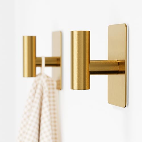 GWAAZXGZ Towel Hooks for Bathrooms – 2 Pack, Brushed Gold Finish, T-Shaped Stainless Steel Adhesive Wall Hooks for Robes & Towels in Kitchen, Shower, or Closet - color: Gold, size: 2 Pack