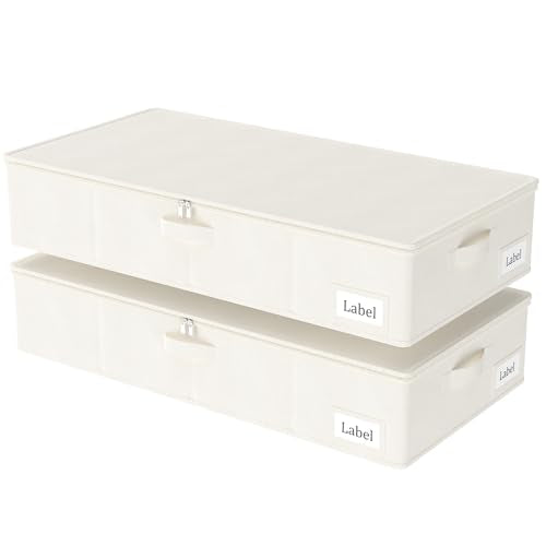 Yawinhe Foldable Underbed Storage Bags, Containers Bin with Lids, Large Under Bed Organizer Box, with Sturdy Zipper und Label Holders, for Clothing, 31.5''Lx15.7''Wx6''H, 2 Pack, Beige - color: Beige, size: 31.5x15.7x6in/2-Pack