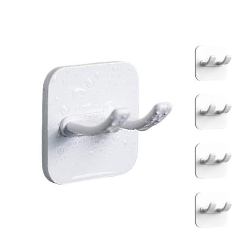 Adhesive Utility Hooks,Waterproof Sticking Double Hooks,No Damage Wall Hanger,Multi Purpose White Plastic Hook for Shaving Razor, Towel, Robe,Plug, Keys, Kitchen Utensils(5)