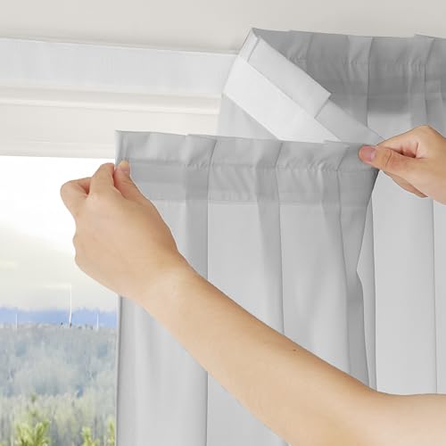 RYB HOME Sheer Curtains Adhesive No Drill Decorative for Window with Tie Back, Home Decor Light Filtering Easy to Install for Bedroom Living Room, Light Grey, W 35 x L 63, 1 Panel - color: Light Grey, size: 35"W x 63"L (Pack of 1)