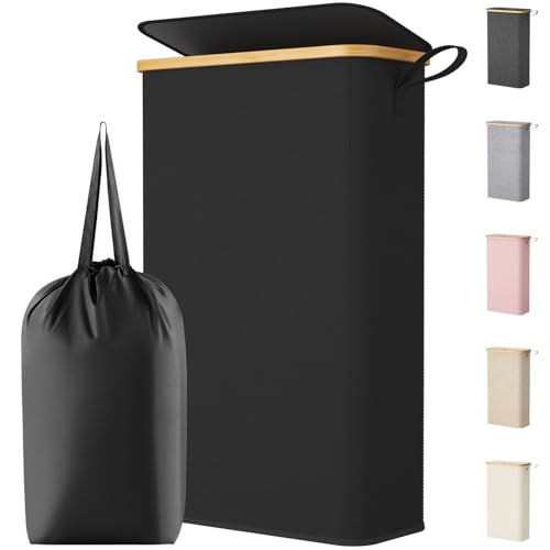 Lifewit 65L Slim Laundry Hamper with Lid, Narrow Laundry Basket with Removable Bag & Bamboo Handles, Fodable Thin Dirty Clothes Hamper for Laundry Collapsible Bin for Bathroom Bedroom Dorm, Black - color: Black, size: 65L
