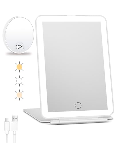 FUNTOUCH Rechargeable Travel Makeup Mirror with Lights and 10X Magnifying Mirrors, Portable Lighted Vanity Mirror with 80 Led,2000mAh Battery,3 Color Lighting,Touch Dimming,Tabletop Light up Mirror - color: Snow White With 10x Mirror
