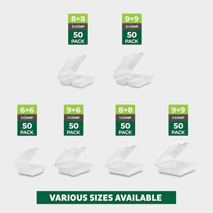 Freshware Clamshell Food Containers with Lids [8x8"] 3-Compartment 200-Pack, Disposable To Go Containers, Biodegradable Sugarcane To Go Boxes - Paper Containers - Microwave & Freezer Safe, Stackable - size: 8 x 8 Inch, 200 Pack