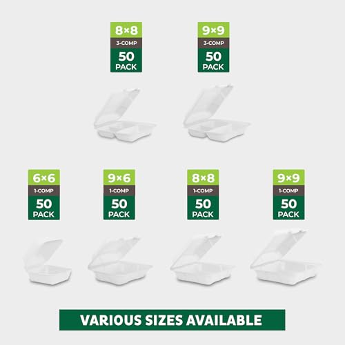 Freshware Clamshell Food Containers with Lids [8x8"] 3-Compartment 100-Pack, Disposable To Go Containers, Biodegradable Sugarcane To Go Boxes - Paper Container - Microwave & Freezer Safe, Stackable - size: 8 x 8 Inch, 100 Pack