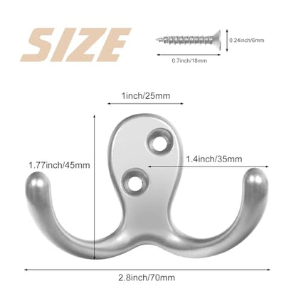 Homanu 24 Pack Coat Hooks, Heavy Duty Double Prong Coat Hooks Wall Mounted with 48 Screws, No Rust Silvery Metal Wall Hooks for Hanging Towel, Coat, Bag, Hat, Cup, Key - color: 24 Pcs Silvery