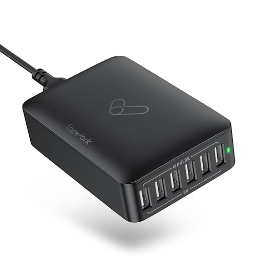 USB Charging Station, Topvork 6-Port USB Wall Charger, Multiport 60W USB Charging Hub, 6-in-1 Desktop USB Charger, Compact USB Charger Block (6A-Black)