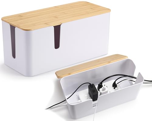 ZhiYo Bamboo Lid Cord Organizer Box, 2Pack Large Cable Management Box, Safe ABS Wire Organizer for TV and Computer, Wood Cover Cord Hider to Hide Wires, USB Hub & Under Desk Power Strip, White - color: White, size: Extra Large + Large