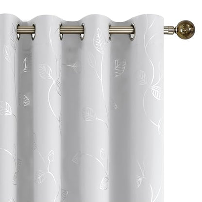 BUHUA White Black Out Curtains 108 Inch Long 2 Panels, Soundproof Curtains with Elegant Silver Leaf Print, Heat Blocking Curtains for Livingroom, 52W x 108L, Greyish White - color: Silver Leaf /Greyish White, size: 52"W x 108"L (Pack of 2)