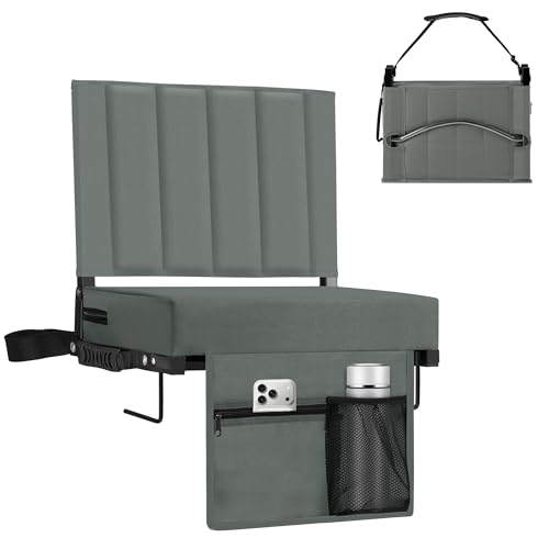 Stadium Seat for Bleachers with Back Support, Portable Bleacher Seat with Wide Comfy Padded Cushion, Metal Hook, Folding Stadium Chair with Shoulder Strap, Carry Handle, Cup Holder, Gray - color: Grey