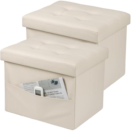 Bsketa Storage Ottoman Foot Rest Stool, Small Leather Storage Ottomans Bench, Folding Footstool with Side Pockets, Foot Rest Under Desk for Living Room Bedroom, 16x12x12 in, Beige 2 Pack - color: Beige 2 Pack-with Side Pockets.