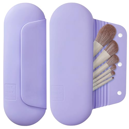 AGIKET Silicone Makeup Brush Holder Travel Cosmetic Bag：Soft Portable Cosmetic Face Brushes Holder with Upgrade Anti-Fall Out Magnetic Closure, Large Travel Makeup Brush Case - Lavender - color: Lavender, style: Brush Holder
