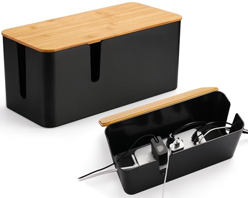 ZhiYo Bamboo Lid Cord Organizer Box, 2Pack Large Cable Management Box, Safe ABS Wire Organizer for TV and Computer, Wood Cover Cord Hider to Hide Wires, USB Hub & Under Desk Power Strip, Black - color: Black, size: Extra Large + Large