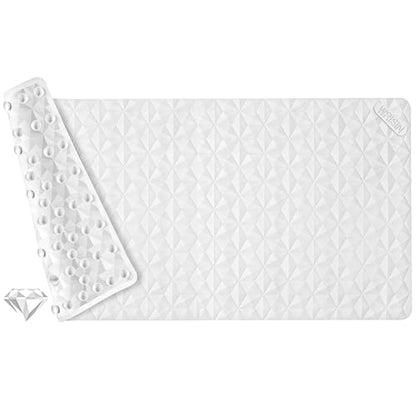 Non Slip Bathtub Mat for Bath Tub Shower Safety - Natural Rubber Mat with Suction Cups ＆ Drain Holes - BPA/PVC Free Large Bathroom Mat - Machine Washable - Unique Diamond Pattern - 17 × 35 Inch - color: White, size: 35" x 17" (Rectangular)