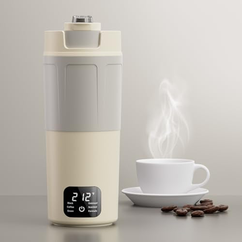 Dual Voltage Portable Electric Kettle Travel Hot Water for Tea,Coffee, 6 Temperature Controls and LCD Display, 304 Stainless Steel and Large Capacity 550ml, Auto Shut Off&Boil Dry Protection - color: Beige