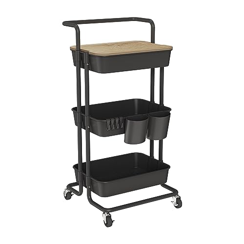 DTK 3 Tier Rolling Cart Uility Cart with Cover Board, Mobile Storage Cart with Wheels, Cups, Hooks for Office Utility Kitchen Bathroom Homeschool Art Craft Postpartum Teacher Cart Organizer(Black) - color: Black, size: Medium