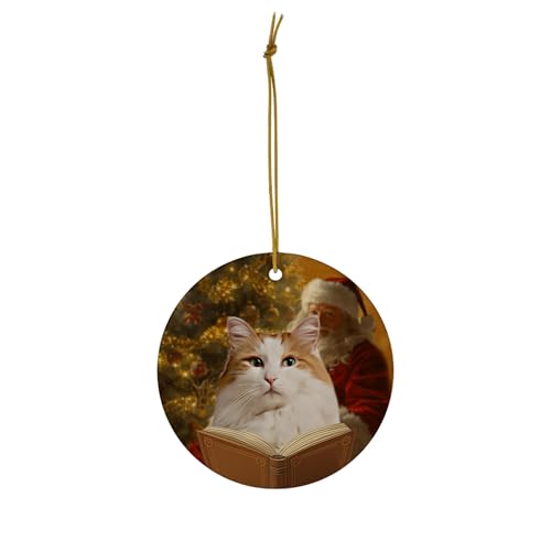 Festive White Red Turkish Van Cat Christmas Ornament 2026 Pet Santa Reading Book Circle Ceramic Holiday Tree Decor Hanging Keepsake Gifts for Turkish Van Cat Lovers
