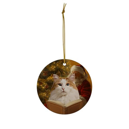 Festive White Red Turkish Van Cat Christmas Ornament 2026 Pet Santa Reading Book Circle Ceramic Holiday Tree Decor Hanging Keepsake Gifts for Turkish Van Cat Lovers