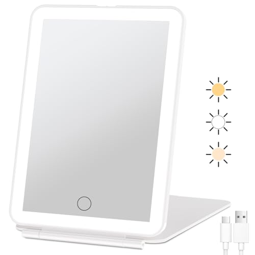 FUNTOUCH Rechargeable Travel Makeup Mirror with 72 Led Lights, Portable Lighted Beauty Mirror, 3 Color Lighting, Dimmable Touch Screen, Tabletop LED Folding Cosmetic Vanity Mirror - color: White