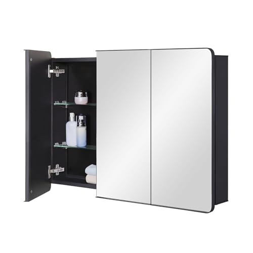 IDYLLOR Bathroom Mirror Medicine Cabinet with Round Corner Framed Door 36 x 26 inch, Black，Recessed or Surface Mount, with Adjustable Glass Shelves - size: 36 x 26 inch