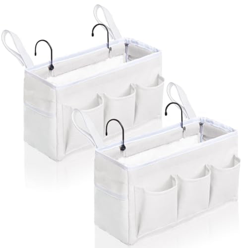 Kanrichu Bedside Caddy Hanging Storage Bag, Organizer Baskets with Pockets for Bunk Bed Accessories, Loft & Dorm Rooms Chair Bed Rails (White-2pcs) - color: White-2pcs