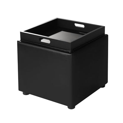 Adeco 17" Black Storage Ottoman Cube with Tray Lid, Small Footstool with Storage, Square End Table for Living Room & Bedroom - color: Black Leather With Tray