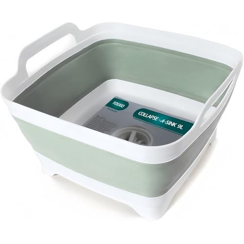 FOSJGO Collapsible Dish Basin with Drain Plug, 2.4 Gal (9L) Space-Saving Foldable Sink, Wash Basin for Kitchen, Baby Bottles, Vegetable Washing, Camping, RV and Party Beverage Tubs (Light Green) - color: Light Green