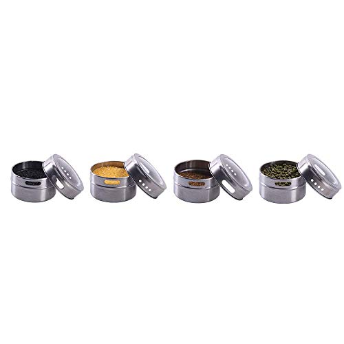 12 Powerful Magnetic Spice Tins- Stainless Steel Spice Storage Containers, Kitchen Spice Jars with Clear Lid with Sift & Pour, Rack Magnetic on Fridge, 120 Spice Labels - color: 12 MAGNETIC SPICE TINS