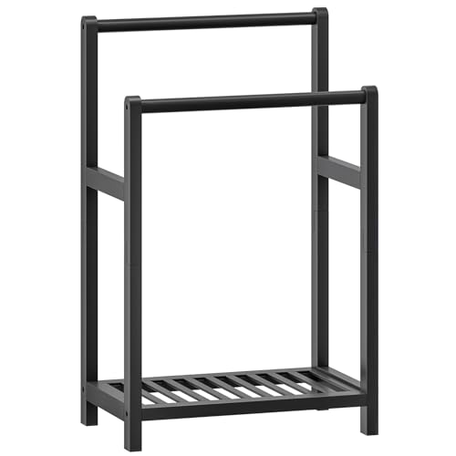 HOOBRO Freestanding Towel Rack for Bathroom, 2 Tier Decorative Bamboo Blanket Rack, Quilt Display Stand with Storage Shelf, 16.5" L x 9.4" W x 30.5" H, Bedroom, Living Room, Black BK02LB01 - color: Black