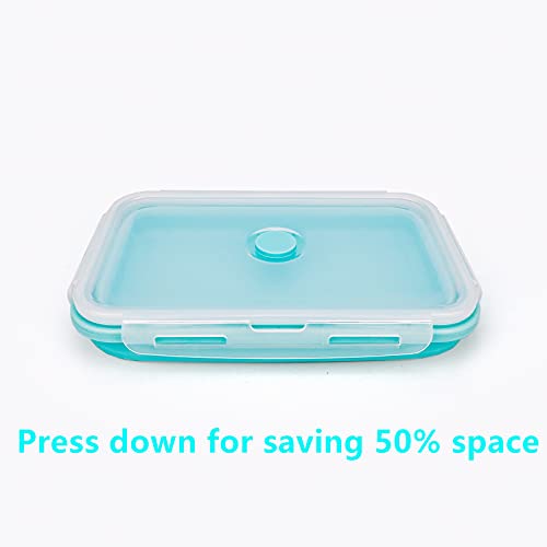 CARTINTS Large Collapsible Camping Food Containers, 1200ml Silicone Lunch Container, Microwave Safe Reusable Meal Prep Container For Indoor&Outdoor Kitchen With Foldable Spoon, Blue