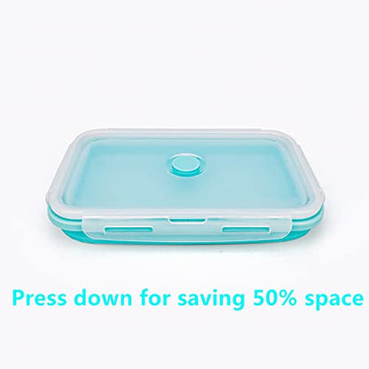 CARTINTS Large Collapsible Camping Food Containers, 1200ml Silicone Lunch Container, Microwave Safe Reusable Meal Prep Container For Indoor&Outdoor Kitchen With Foldable Spoon, Blue