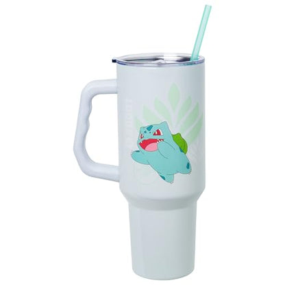 Silver Buffalo Pokémon Featuring Bulbasaur Double Walled Stainless Steel Tumbler with Handle and Straw, Fits in Standard Cup Holder, 40 Ounces - color: Bulbasaur Pokemon