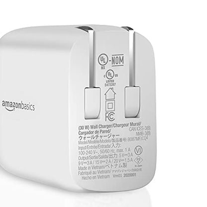 Amazon Basics 30W One-Port GaN USB-C Wall Charger with Power Delivery PD for Tablets & Phones (iPhone 16/15/14/13/12/11/X, iPad, Samsung, More), Non-PPS, White - color: White, style: 30W (1 USB-C)